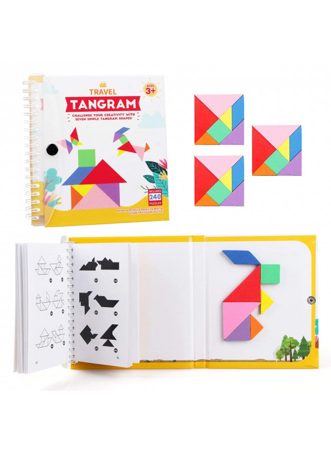 Vanmor Travel Tangram Puzzle - 3 Sets of Magnetic Tangram with 240 Solution - Montessori Shape Pattern Blocks Jigsaw Road Trip Games IQ Book Educational Toy Brain Teaser Gift for Kids Adults Challenge - Image 1
