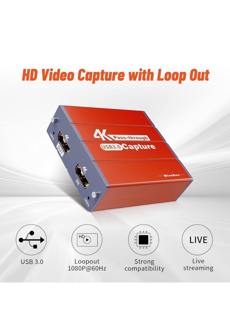 Mirabox USB3.0 4K HDMI Video Capture Card, 1080P 60FPS HD Game Capture Device Cam Link with HDMI Passthrough Work with Xbox PS5 PS4 Switch DSLR for OBS Twitch Live Streaming and Recording (Orange) - Image 2