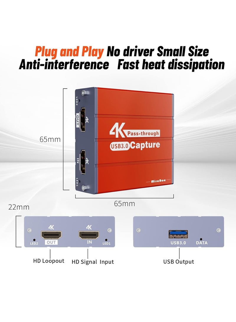 Mirabox USB3.0 4K HDMI Video Capture Card, 1080P 60FPS HD Game Capture Device Cam Link with HDMI Passthrough Work with Xbox PS5 PS4 Switch DSLR for OBS Twitch Live Streaming and Recording (Orange) - Image 3