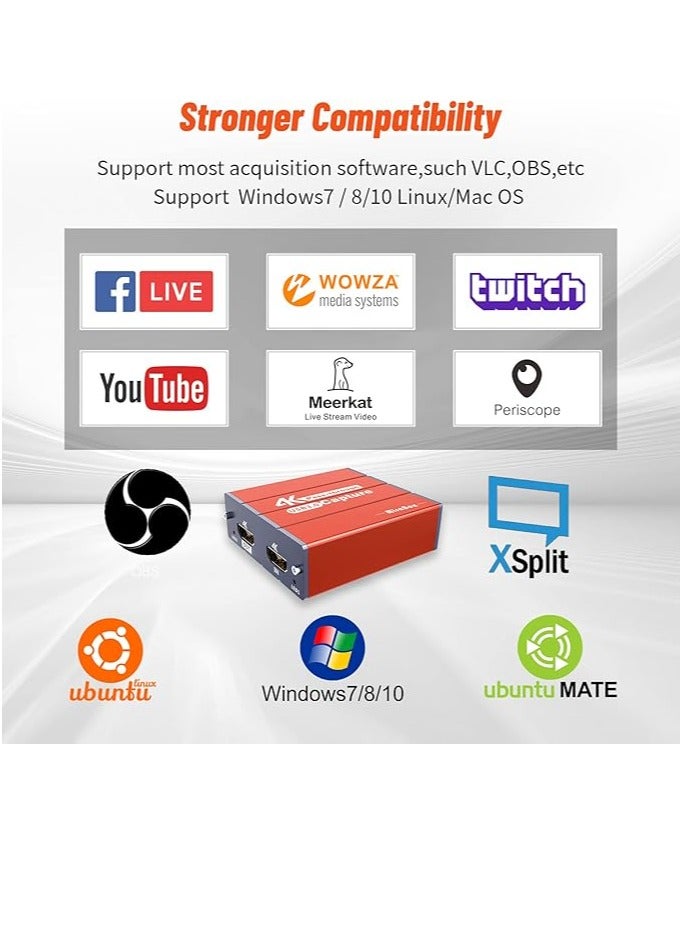 Mirabox USB3.0 4K HDMI Video Capture Card, 1080P 60FPS HD Game Capture Device Cam Link with HDMI Passthrough Work with Xbox PS5 PS4 Switch DSLR for OBS Twitch Live Streaming and Recording (Orange) - Image 5