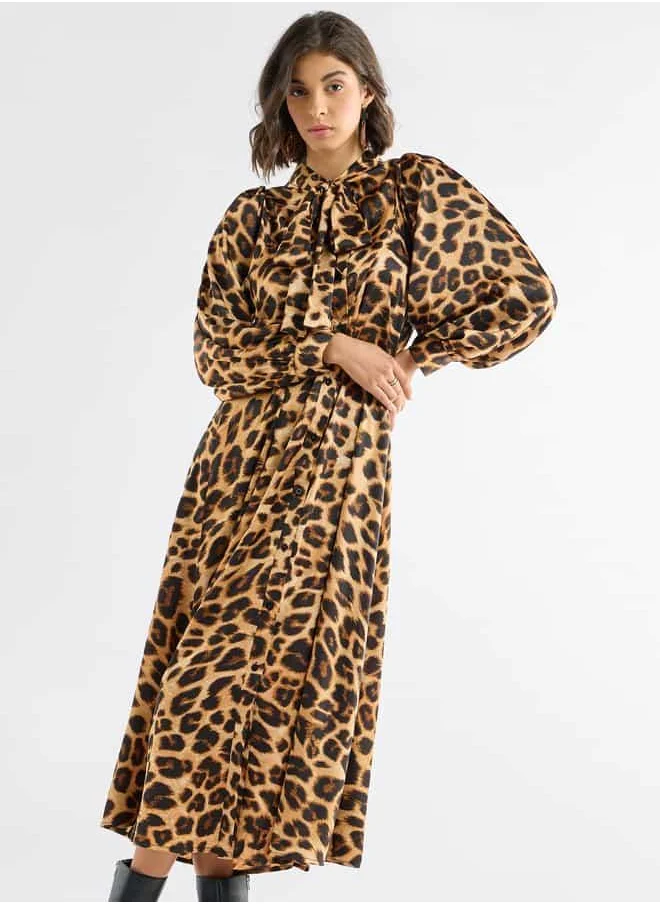 FAV All-Over Animal Print Shirt Dress with Long Sleeves and Neck Tie-Up