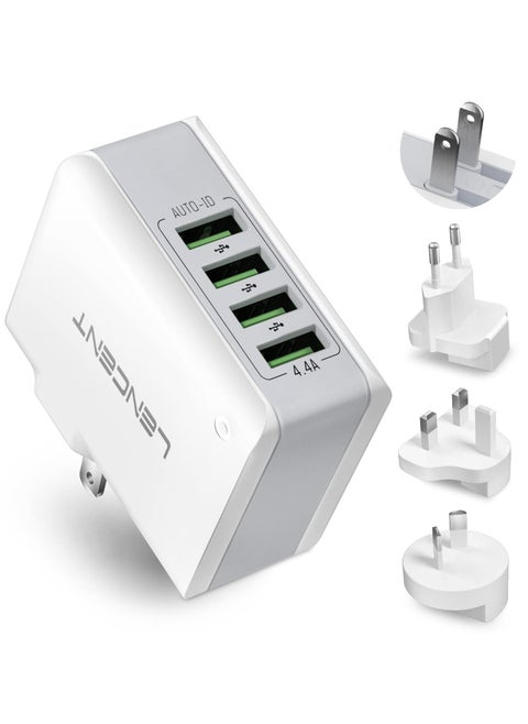 USB Charger Plug 4 Port USB Universal Travel Adaptor 22W/5V 4.4A Wall Charger with Worldwide Travel Charger Adapter