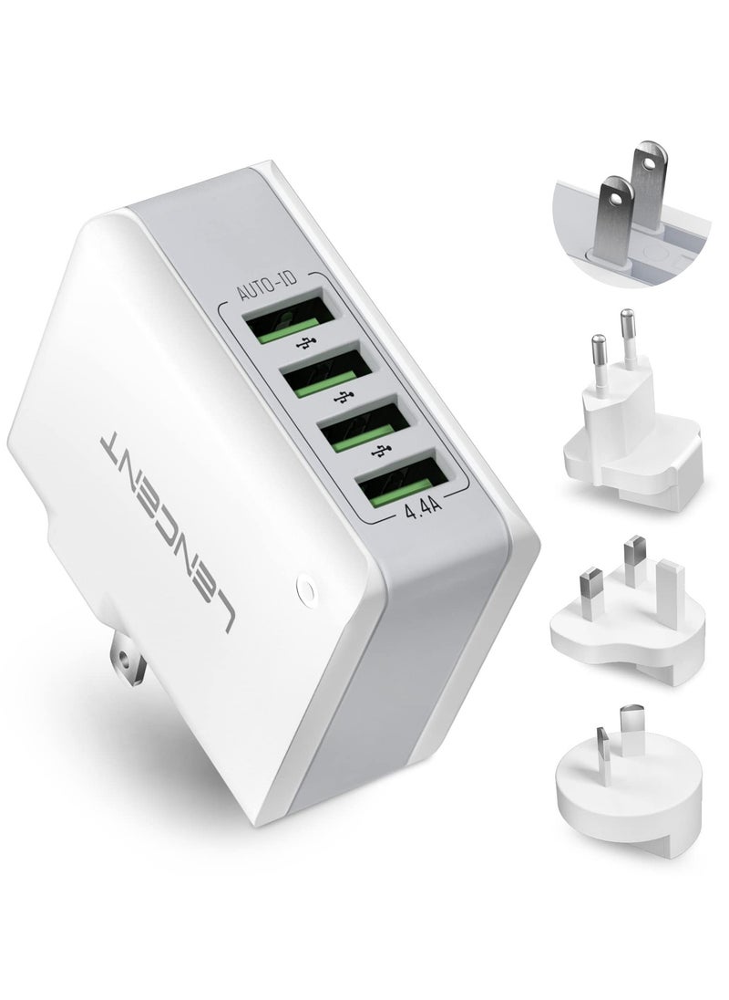 لينسينت شاحن USB التوصيل 4 منفذ USB محول السفر العالمي 22 واط/5 فولت 4.4A شاحن الجدار مع محول شاحن السفر في جميع أنحاء العالم  - Image 1