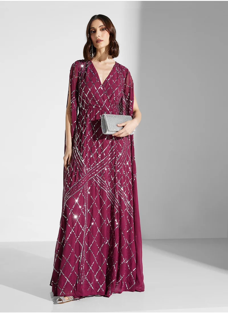 اميليا روز Embellished Cape Sleeves Maxi Dress