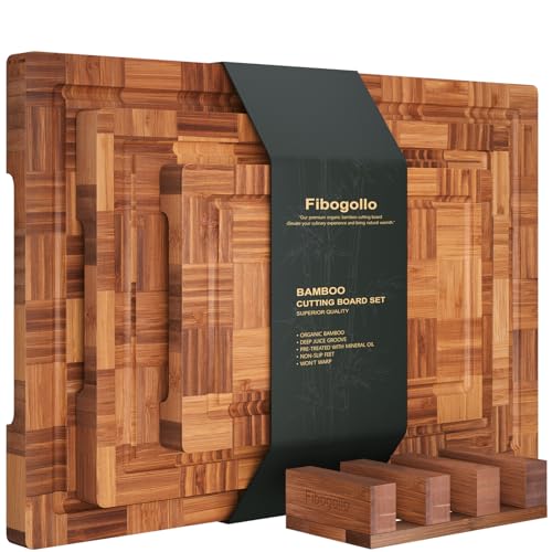 Fibogollo Bamboo Cutting Boards for Kitchen,Chopping Boards Set with Juice Groove,End Grain Bamboo Butcher Block,Serving Board with Holder(3 Pcs) - Image 1