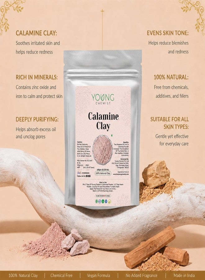 Young Chemist's Calamine Clay Lighten dark spots Paraben free Good for Face and Hair (All Skin Type, Powder Form, Pink, 100 grams) - Image 5