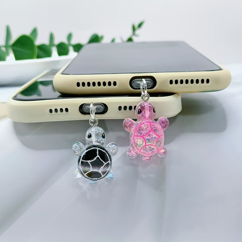 Black Glitter Turtle Phone Dust Plug for iPhone 5 to 14 Android Type C Port - Image 1