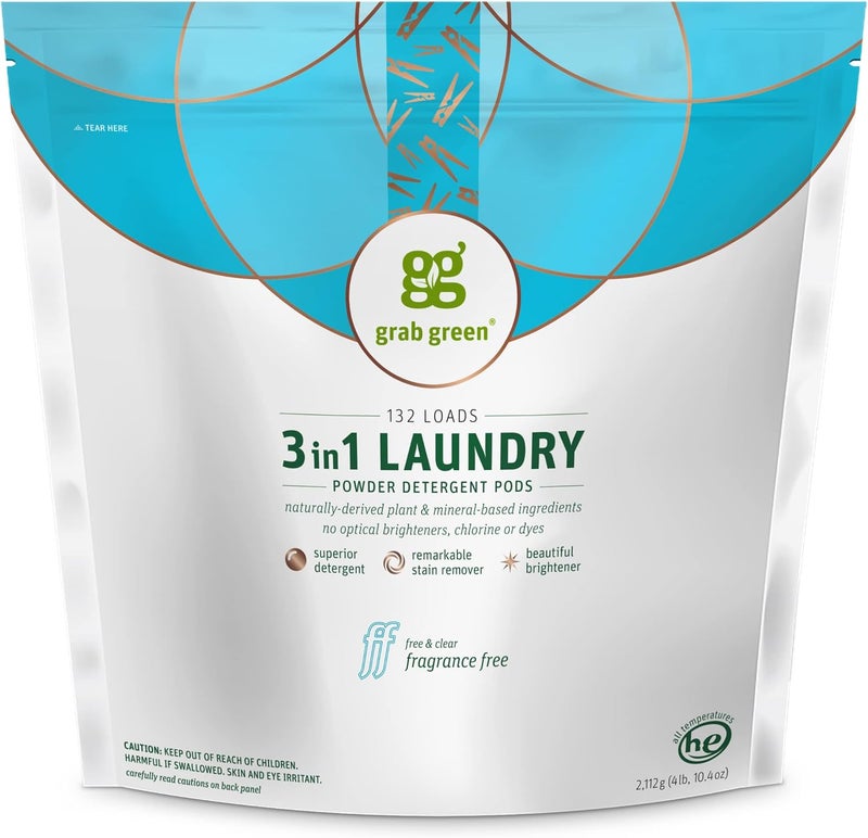 Grab Green 3-in-1 Laundry Detergent Pods, 132 Count, Fragrance Free, Plant and Mineral Based - Image 1