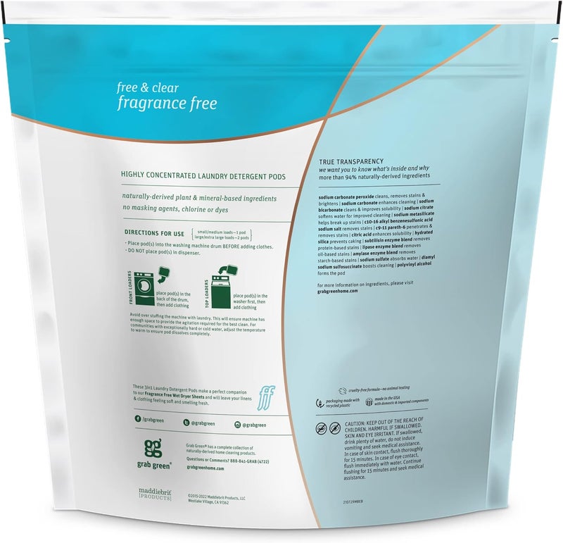 Grab Green 3-in-1 Laundry Detergent Pods, 132 Count, Fragrance Free, Plant and Mineral Based - Image 2