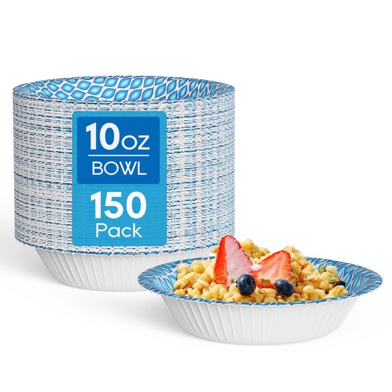 MUCHII 10 Oz Paper Bowls 150 Count Small Bowls, Blue Printed Soak Proof Disposable Bowls for Snacks, Dessert, And Light Lunch Meals - Image 1