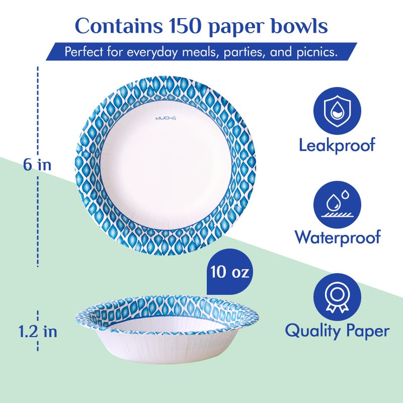 MUCHII 10 Oz Paper Bowls 150 Count Small Bowls, Blue Printed Soak Proof Disposable Bowls for Snacks, Dessert, And Light Lunch Meals - Image 3
