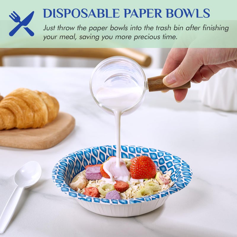 MUCHII 10 Oz Paper Bowls 150 Count Small Bowls, Blue Printed Soak Proof Disposable Bowls for Snacks, Dessert, And Light Lunch Meals - Image 5