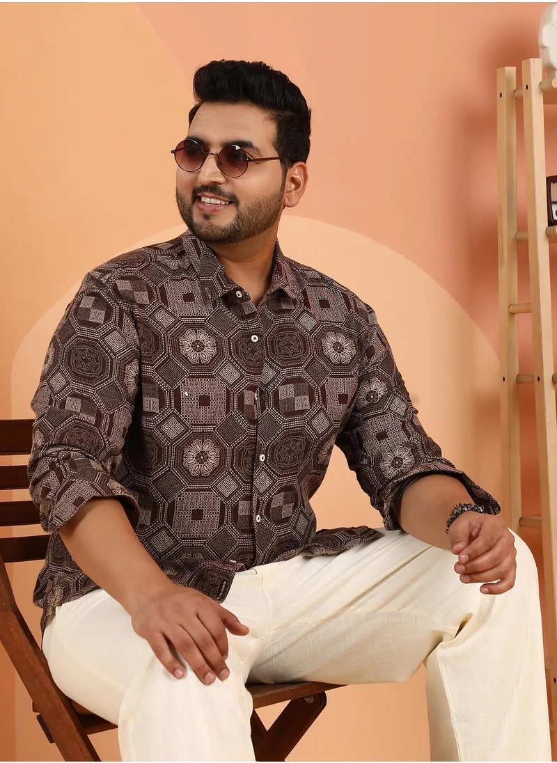 انستافاب بلس Instafab Plus Men's Coffee Brown Floral-Kaleidoscopic Shirt For Casual Wear | Spread Collar | Long Cuffed Sleeves | Button Closure | Plus Size Shirt Crafted With Comfort Fit For Everyday Wear