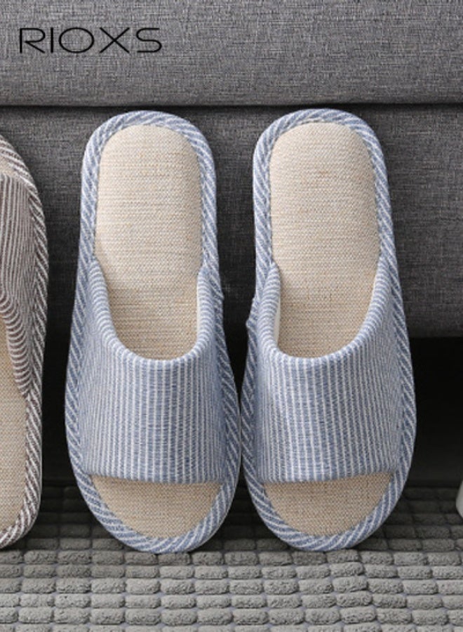 RIOXS Couple Slippers,Striped Cotton Open Toe Slippers For Men And Women,Unisex Anti-Slip Flat Sandal Slippers,Soft Breathable Linen Slippers,Open Toe Slippers For House/ Bedroom/ Living Room/ Indoor And Outdoor Use - Image 1