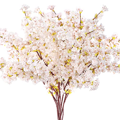 Giegxin Set of 8 Silk Cherry Blossom Branches Cherry Blossom Tree Stems Long Stem Artificial Flowers for Tall Vase Flowers for Home Wedding Vase Floral Arrangements, 39.37 Inch(White) - Image 1