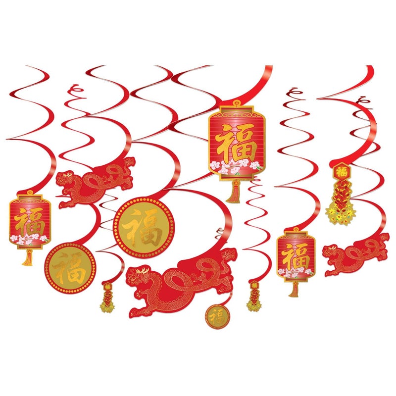 Amscan Vibrant Red Gold Chinese New Year Foil Swirl Hanging Decorations Pack of 12 Assorted Sizes Decor Ideal for Festive Parties Celebrations
