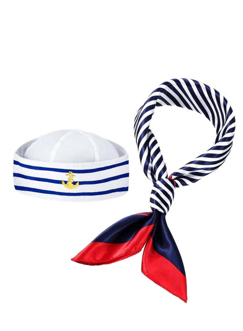 Y&D Sailor Hat and Scarf Set, for Women Men Navy Outfit Blue with White Captain Costume, Nautical Cap Satin Scarf, Costume Accessory Dressing up Party  - Image 1