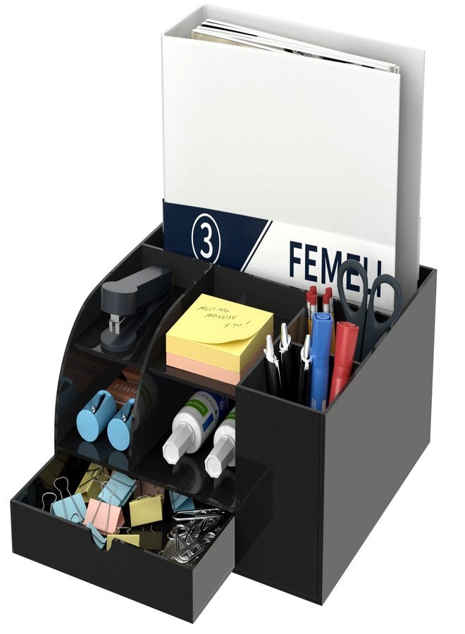 FEMELI Large Desk Organizer with 8.5x11 Binders Folder Papers Holder,Office Desktop File Organizer with 7 Compartments+1 Drawer(Black,Acrylic) - Image 1