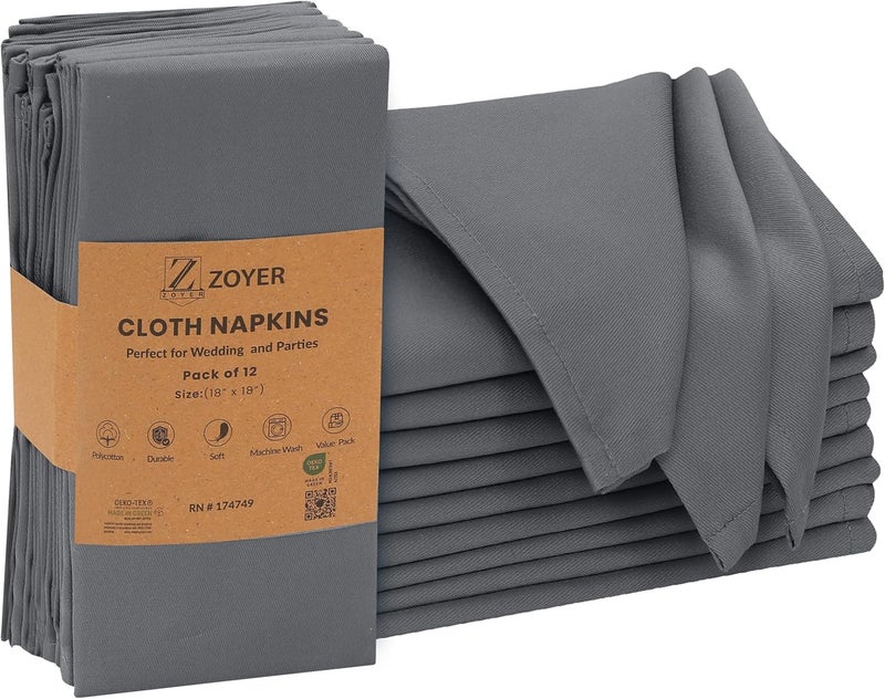 Zoyer Cloth Napkins Set of 12 18x18 Inches Cotton Enrich Napkins Cloth Washable Soft  Durable Dinner Napkins for Parties Wedding Christmas Thanksgiving  Everyday Use  Charcoal Grey - Image 1