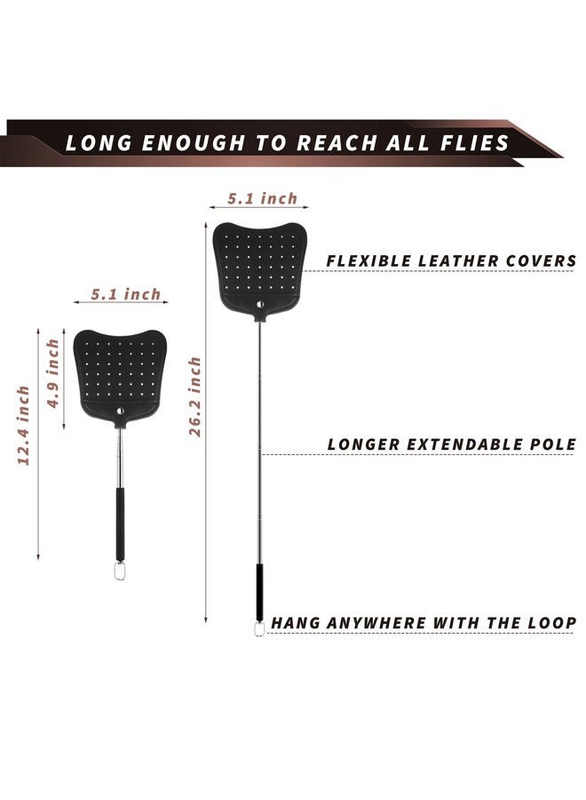 Foxany Leather Fly Swatter, Telescopic Heavy Duty Fly Swatters, Flexible Manual Flyswatters Set, Extendable Swatter with Stainless Steel Long Handle for Indoor Outdoor - Image 2
