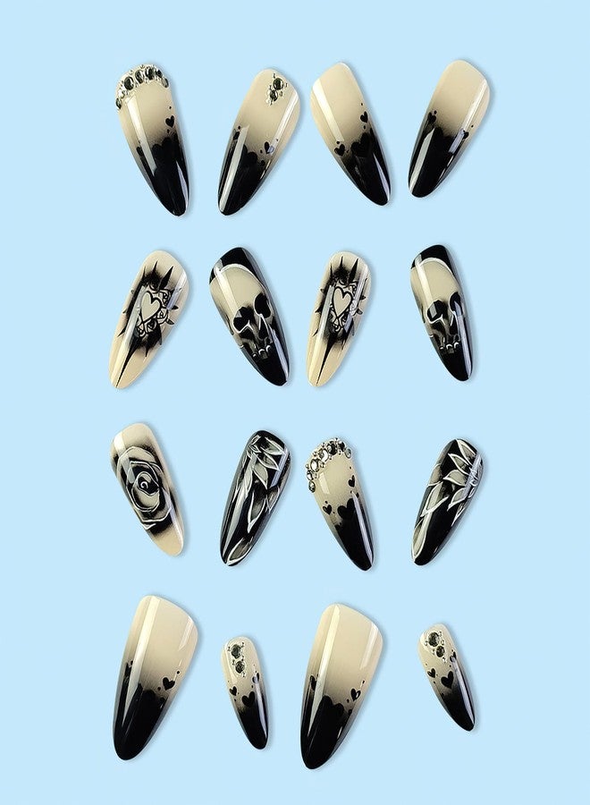 Jremg Halloween Press on Nails Medium Almond Fake Nails with Rhinestones Glossy Black Gradient French Tip Acrylic Nails Reusable Goth Rose Skull Full Cover Glue on Nails for Women 24Pcs - Image 3