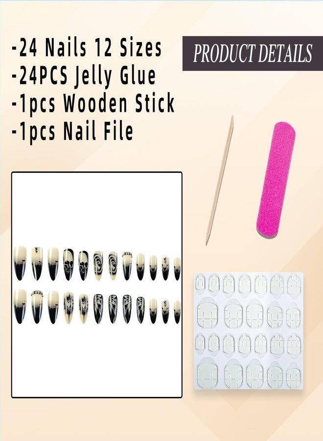 Jremg Halloween Press on Nails Medium Almond Fake Nails with Rhinestones Glossy Black Gradient French Tip Acrylic Nails Reusable Goth Rose Skull Full Cover Glue on Nails for Women 24Pcs - Image 5