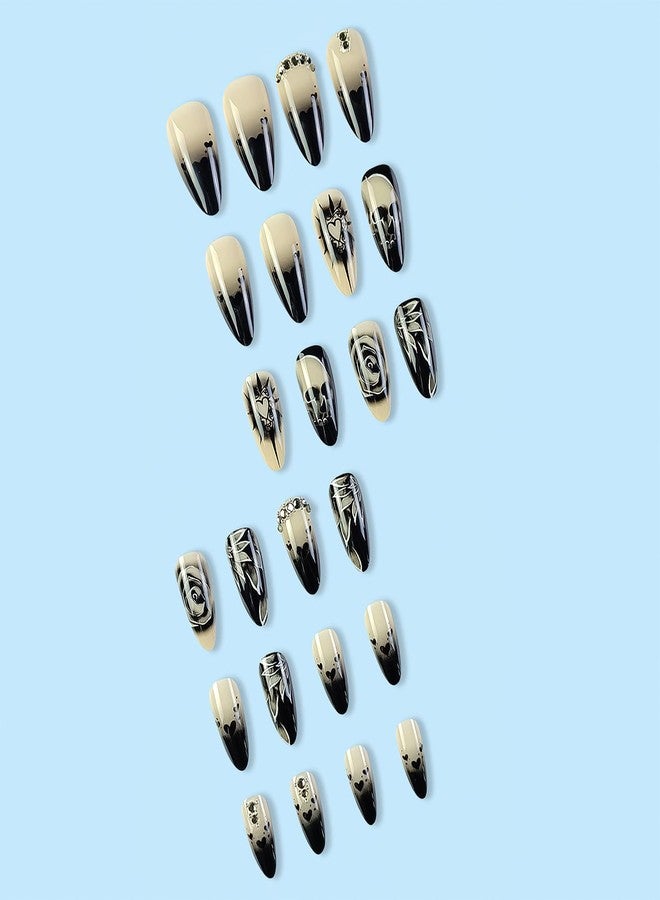 Jremg Halloween Press on Nails Medium Almond Fake Nails with Rhinestones Glossy Black Gradient French Tip Acrylic Nails Reusable Goth Rose Skull Full Cover Glue on Nails for Women 24Pcs - Image 4