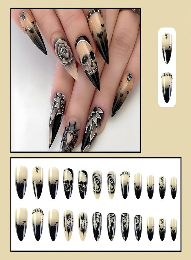 Jremg Halloween Press on Nails Medium Almond Fake Nails with Rhinestones Glossy Black Gradient French Tip Acrylic Nails Reusable Goth Rose Skull Full Cover Glue on Nails for Women 24Pcs - Image 2