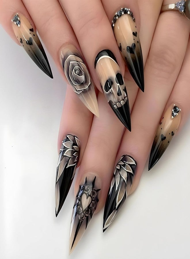 Jremg Halloween Press on Nails Medium Almond Fake Nails with Rhinestones Glossy Black Gradient French Tip Acrylic Nails Reusable Goth Rose Skull Full Cover Glue on Nails for Women 24Pcs - Image 1