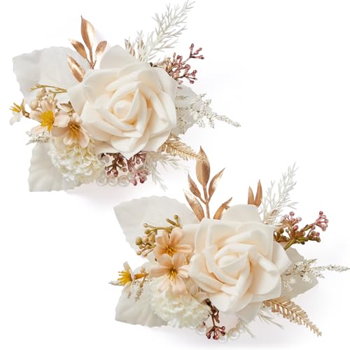 Serwalin Set of 2 Wrist Corsage for Wedding, 6-7 Inch Corsages for Bridesmaid Mother Grandmother, Artificial Flowers for Prom Ceremony Anniversary Cake Topper (Champagne) - Image 1