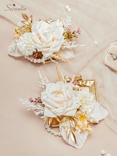 Serwalin Set of 2 Wrist Corsage for Wedding, 6-7 Inch Corsages for Bridesmaid Mother Grandmother, Artificial Flowers for Prom Ceremony Anniversary Cake Topper (Champagne) - Image 2