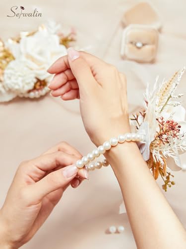 Serwalin Set of 2 Wrist Corsage for Wedding, 6-7 Inch Corsages for Bridesmaid Mother Grandmother, Artificial Flowers for Prom Ceremony Anniversary Cake Topper (Champagne) - Image 5