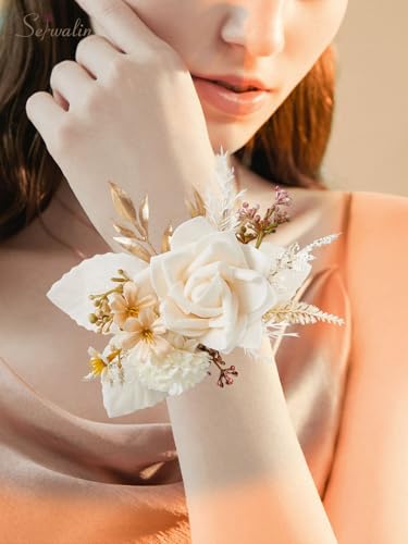 Serwalin Set of 2 Wrist Corsage for Wedding, 6-7 Inch Corsages for Bridesmaid Mother Grandmother, Artificial Flowers for Prom Ceremony Anniversary Cake Topper (Champagne) - Image 4