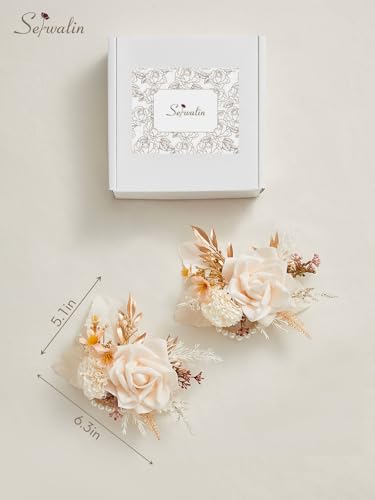 Serwalin Set of 2 Wrist Corsage for Wedding, 6-7 Inch Corsages for Bridesmaid Mother Grandmother, Artificial Flowers for Prom Ceremony Anniversary Cake Topper (Champagne) - Image 3