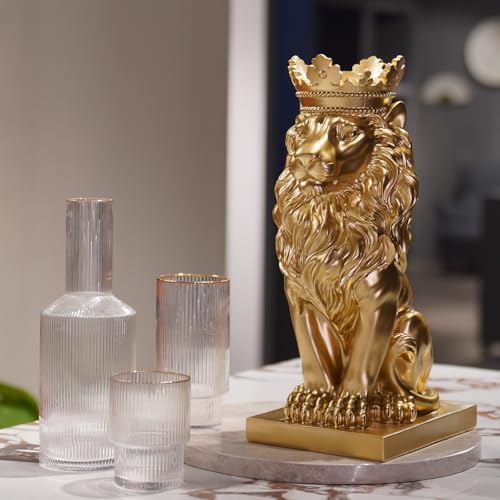 LC LCdecohome Gold Room Dcor Lion Statue 15 Inch Gold Statue Lion Figurine House Decorations with Crown Lion Statues Home Dcor Lion Decoration Dcor for Living Room 85 55 15 Inch - Image 3