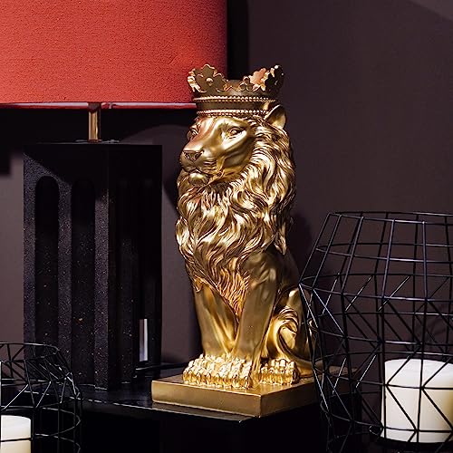 LC LCdecohome Gold Room Dcor Lion Statue 15 Inch Gold Statue Lion Figurine House Decorations with Crown Lion Statues Home Dcor Lion Decoration Dcor for Living Room 85 55 15 Inch - Image 1