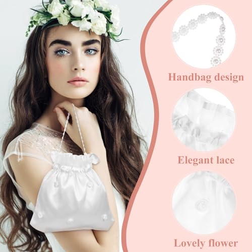 LUOEM Satin Bridal Wedding Money Bag White Bridal Bridesmaid Satin Flower Decorated Bag Handbag with Pearl for Dance Purse Wedding Favor - Image 2