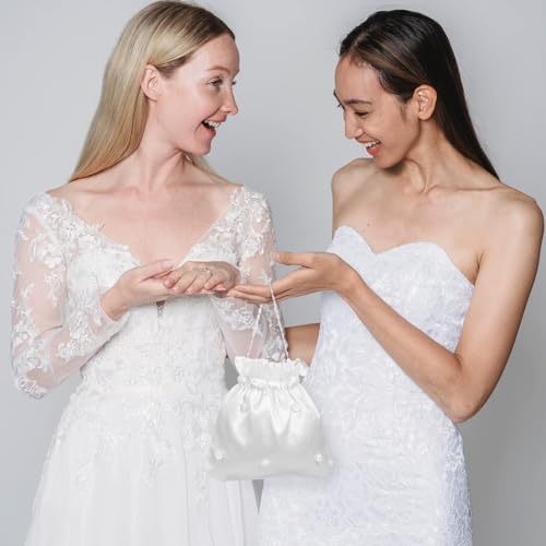 LUOEM Satin Bridal Wedding Money Bag White Bridal Bridesmaid Satin Flower Decorated Bag Handbag with Pearl for Dance Purse Wedding Favor - Image 5