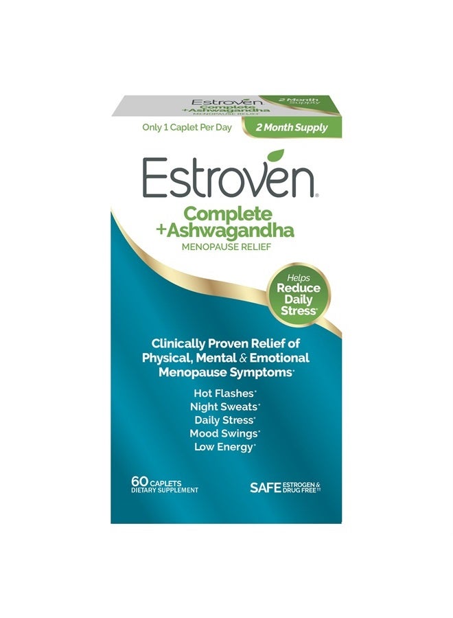 Estroven مكمل كامل + أشواغاندا متعدد الأعراض لسن اليأس للنساء - 60 حبة - مكونات مثبتة سريريًا توفر تخفيف سن اليأس والتعرق الليلي + تخفيف الهبات الساخنة* - خالي من الأدوية وغير معدل وراثيًا - Image 1