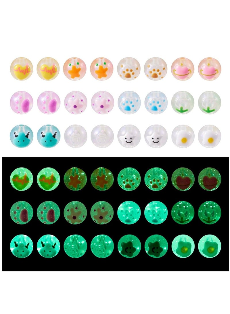 كابتن تيك 24Pcs Acrylic Luminous Round Beads, Transparent Hand Painting Spacer Beads Glow in The Dark for Bracelet Earring Jewelry Making (Random style) - Image 1