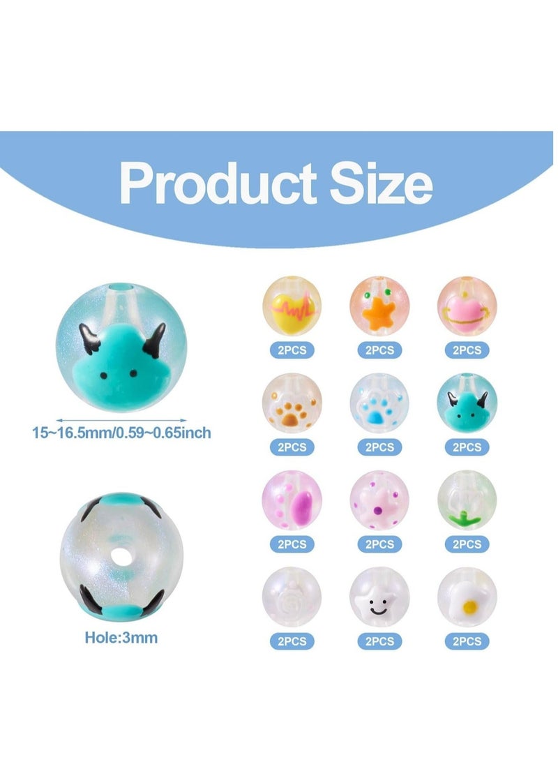 كابتن تيك 24Pcs Acrylic Luminous Round Beads, Transparent Hand Painting Spacer Beads Glow in The Dark for Bracelet Earring Jewelry Making (Random style) - Image 2