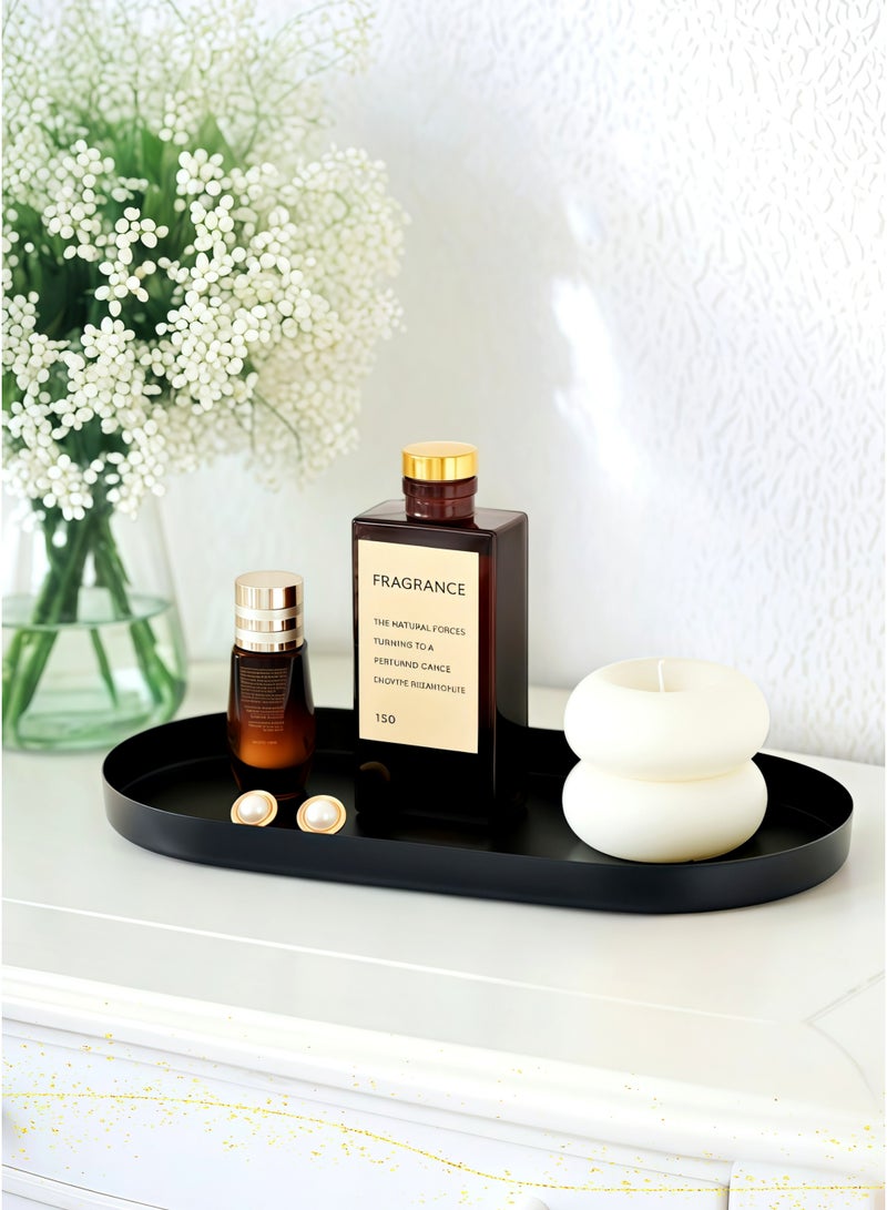 صينية زخرفية بيضاوية الشكل، صينية من الفولاذ المقاوم للصدأ، صينية طويلة جدا، حامل شموع، عطر، منظم أطباق المجوهرات ومستحضرات التجميل، المدخل، غرفة النوم، طبق تقديم الحمام، صينية تخزين، ديكور منزلي رمضان، أسود غير لامع (30 سم/12 بوصة) - Image 1