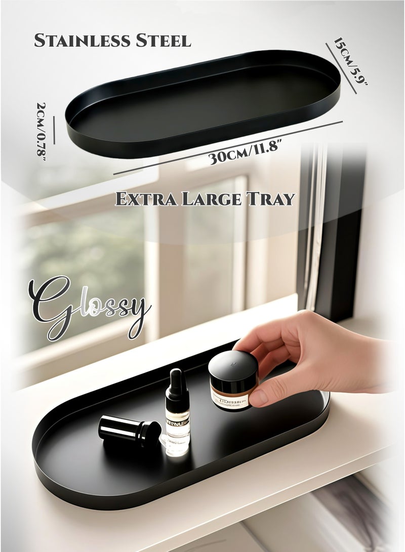 صينية زخرفية بيضاوية الشكل، صينية من الفولاذ المقاوم للصدأ، صينية طويلة جدا، حامل شموع، عطر، منظم أطباق المجوهرات ومستحضرات التجميل، المدخل، غرفة النوم، طبق تقديم الحمام، صينية تخزين، ديكور منزلي رمضان، أسود غير لامع (30 سم/12 بوصة) - Image 2