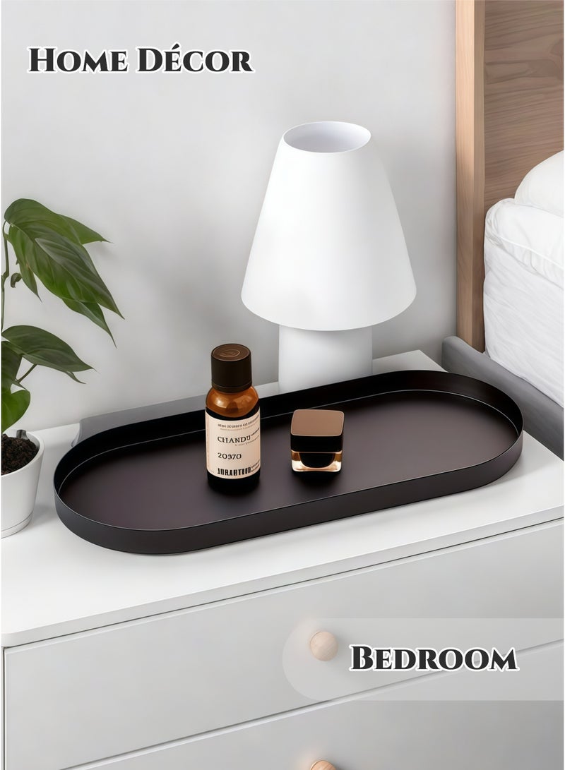 صينية زخرفية بيضاوية الشكل، صينية من الفولاذ المقاوم للصدأ، صينية طويلة جدا، حامل شموع، عطر، منظم أطباق المجوهرات ومستحضرات التجميل، المدخل، غرفة النوم، طبق تقديم الحمام، صينية تخزين، ديكور منزلي رمضان، أسود غير لامع (30 سم/12 بوصة) - Image 4