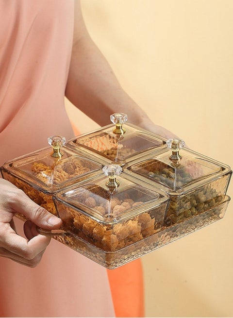 4 Candy Food Storage Containers Divided Serving Bowl With Lid Creative Acrylic Serving Dishes Box For Dried Fruits Nuts (Amber)