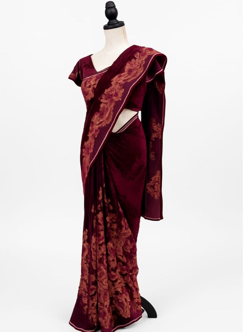 Women's Maroon Velvet Saree With Attached Blouse Piece – Heavy Embroidered Party Wear Saree For Wedding And Festive Occasions  - Image 1