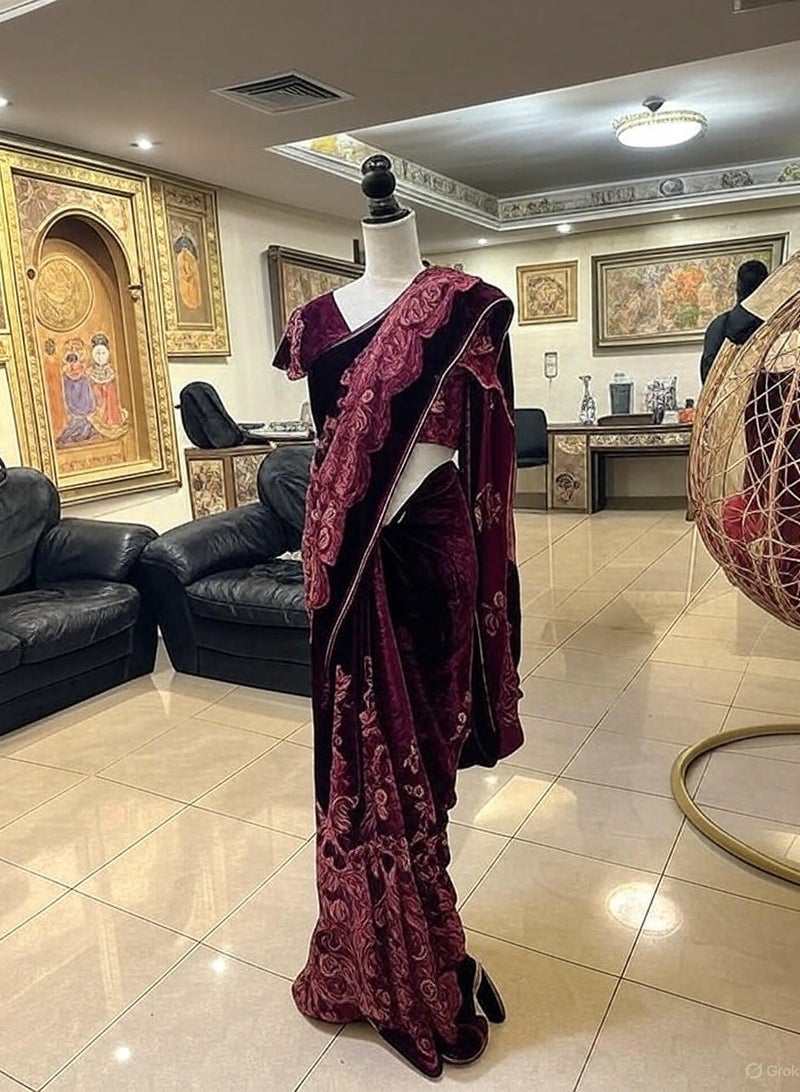 Women's Maroon Velvet Saree With Attached Blouse Piece – Heavy Embroidered Party Wear Saree For Wedding And Festive Occasions  - Image 2
