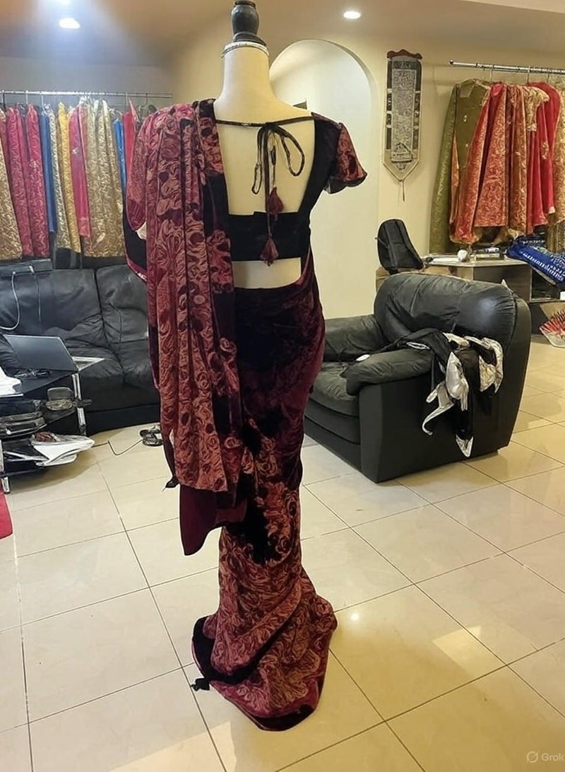 Women's Maroon Velvet Saree With Attached Blouse Piece – Heavy Embroidered Party Wear Saree For Wedding And Festive Occasions  - Image 3