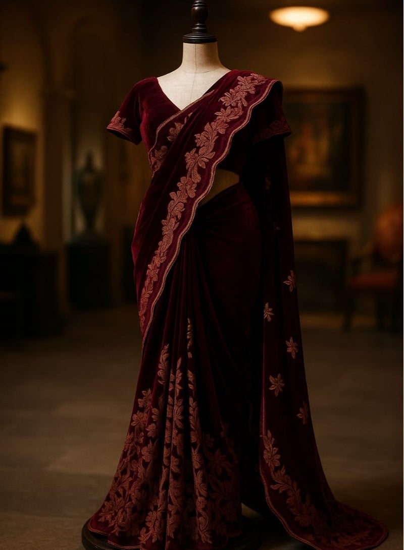 Women's Maroon Velvet Saree With Attached Blouse Piece – Heavy Embroidered Party Wear Saree For Wedding And Festive Occasions  - Image 4