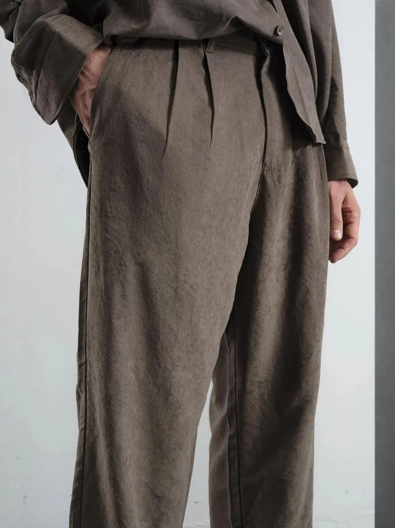 Giesto Mocha Brown GIESTO Pleated Mid Waist Straight Leg Pants for Men | Best Price UAE